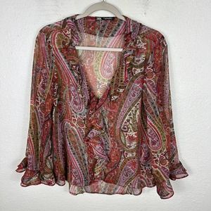 ZARA Womens M Sheer Paisley Ruffle Romantic Blouse Blogger Fav Red Fairy Boho